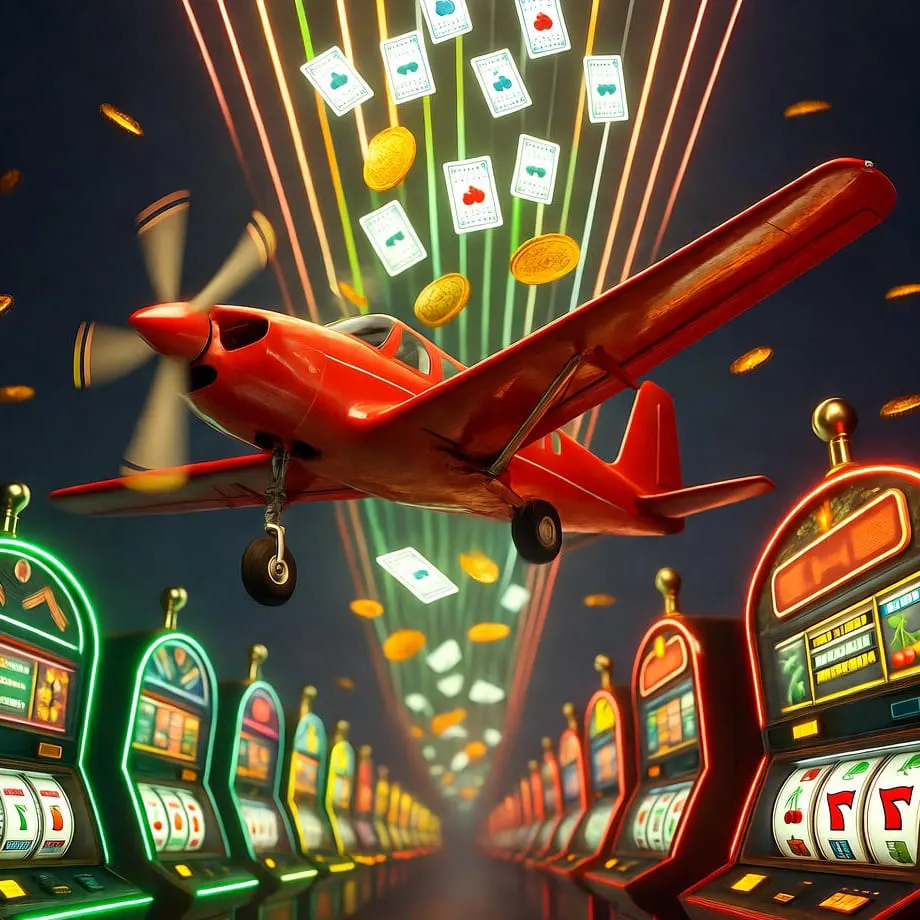 Red propeller airplane flying above glowing slot machines with coins and playing cards in a vibrant casino scene