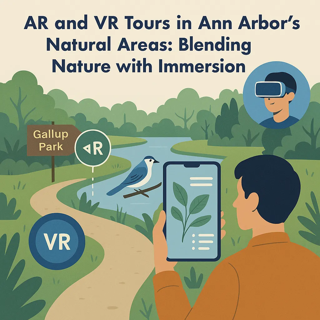 Person exploring Gallup Park with AR on phone and VR headset overlay, symbolizing immersive technology in nature.