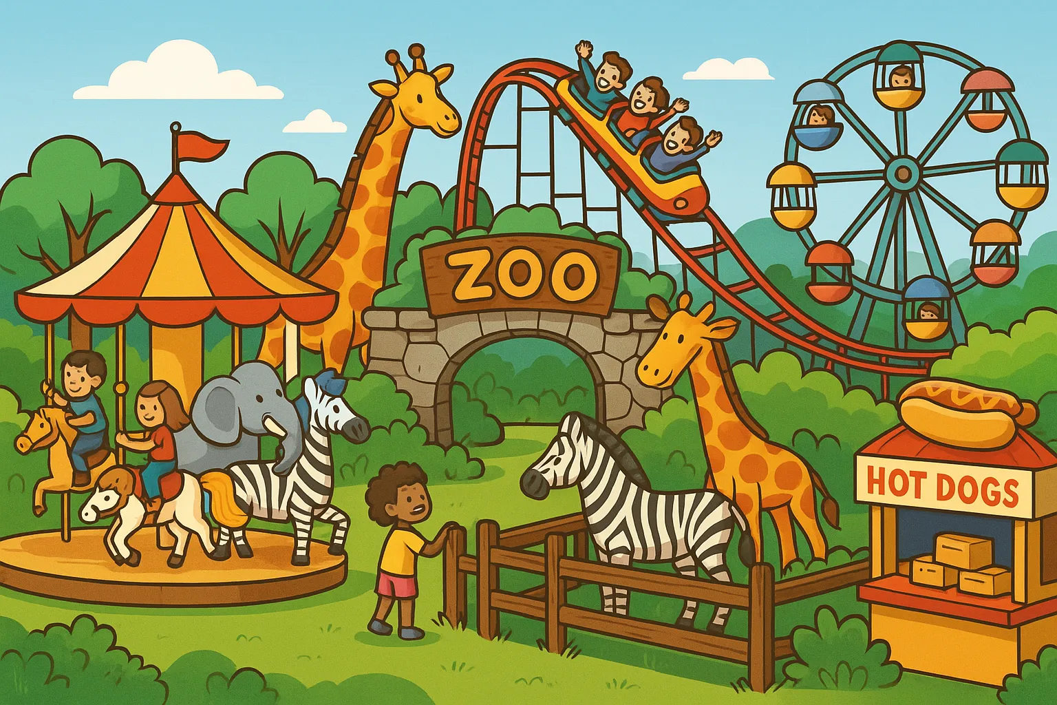 Bright and playful illustration of a theme park with rides, zoo animals, and children enjoying attractions.