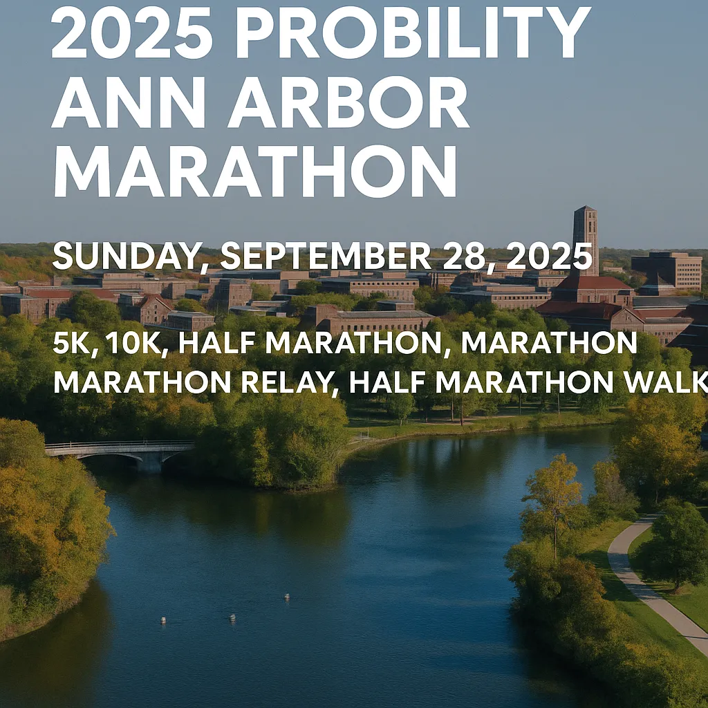 Scenic digital poster for the 2025 Probility Ann Arbor Marathon with paths, trees, and runners by the river.
