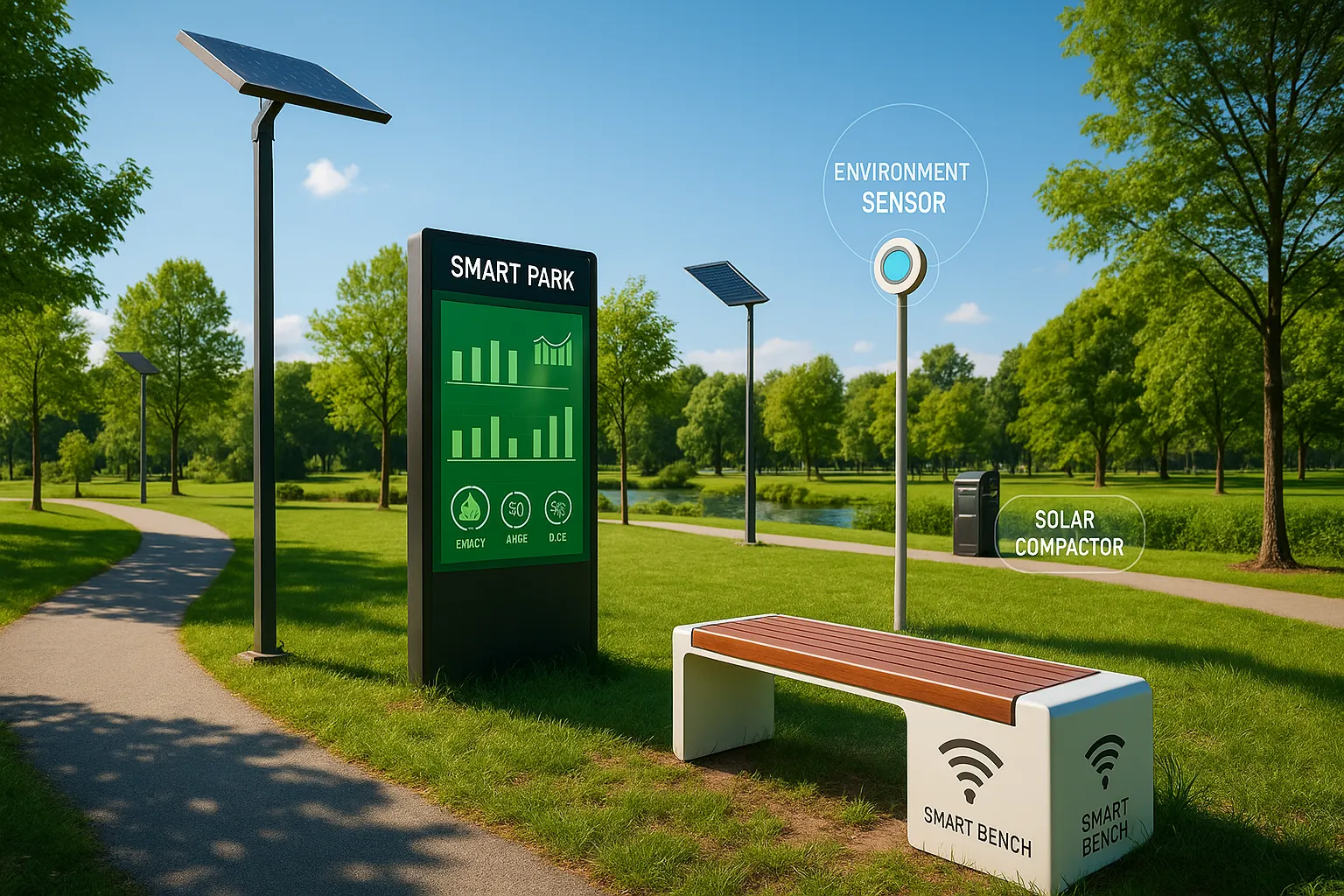 Smart park in Ann Arbor with solar lights, digital data board, sensor, and smart bench along a walking path.